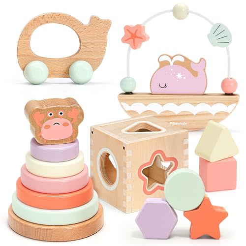 Montessori Wooden Toys Set for Toddlers 12M+ – 4-in-1 Educational Toy with Stacking Rings, Shape Sorter, Bead Maze & Push Car