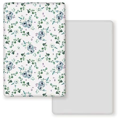 GRSSDER Stretchy Ultra Soft Jersey Knit Fitted Pack n Play Playard Sheets Set 2 Pack, Portable/Mini Cribs Pack and Play Sheets, Blue Rose for Girls and Boys