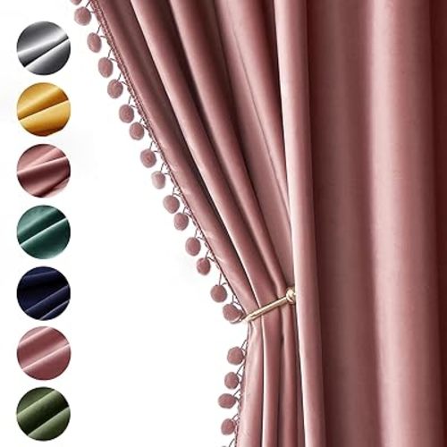 MIULEE Dry Rose Pink Pom Pom Velvet Curtains for Bedroom/Living Room Darkening Thermal Insulating 84 Inches Long Blackout Curtains with Rod Pocket for Girls Room/Nursery/Home Theater Set of 2