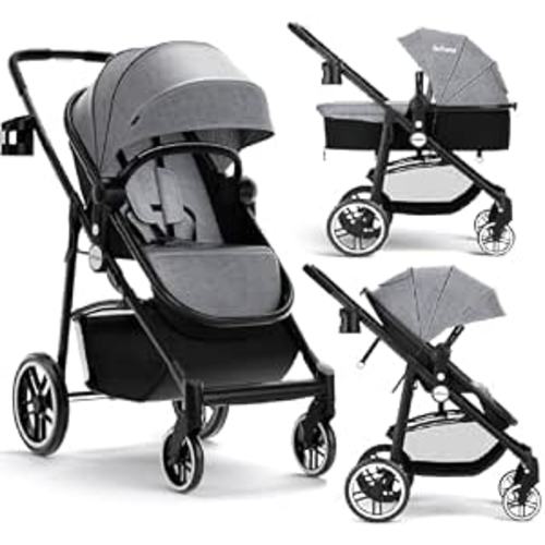 INFANS 2 in 1 Baby Stroller, High Landscape Infant Stroller & Reversible Bassinet Pram, Foldable Pushchair with Adjustable Canopy, Cup Holder, Storage Basket, Suspension Wheels (Grey)