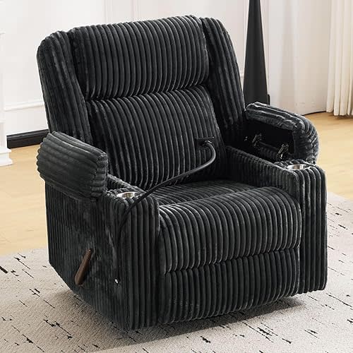 Oversized Manual Recliner Chair with Arm Storage,Swivel Rocker Recliner Chair for Adults with Adjustable Headrest,Nursery Glider Recliner with Phone Stand and Side Pockets for Living Room,Dark Grey