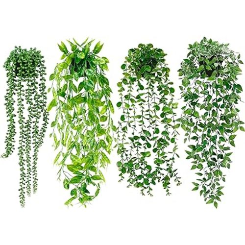 Artificial Hanging Plants for Shelf, 4 Pack Fake Potted Greenery Faux Eucalyptus Vine, Mandala Vine, String of Pearls,Pea pod Leaves in Pot for Office Living Room Bathroom Indoor Outdoor Décor