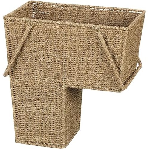 Household Essentials Wicker Stair Basket with Handles, Handwoven Seagrass, Natural