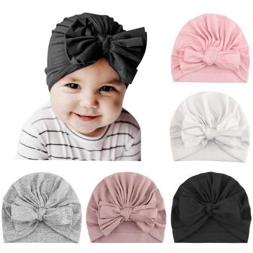 DRESHOW BQUBO 5 Pieces Newborn Baby Turban Hats Bow Baby Infant Beanie Breathable Toddler Cap for Baby Girls