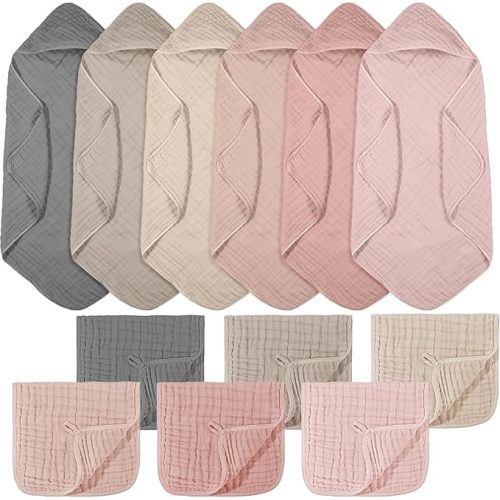 VitalCozy 12 Pcs Baby Muslin Hooded Bath Towels and Washcloths, Muslin Hooded Baby Towels Absorbent Blankets for Gift Newborn Infant Shower (Pastel)