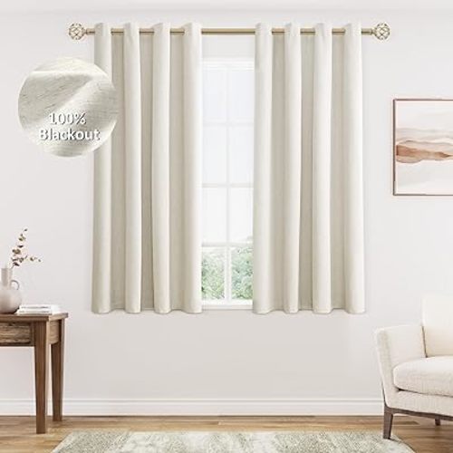 Cream Linen Blackout Curtains 45 Length 2 Panels Set for Living Room Bedroom, 100% Black Out Thermal Insulated Linen Drapes, Room Darkening Grommet Curtains 45 Inches Long Natural Beige