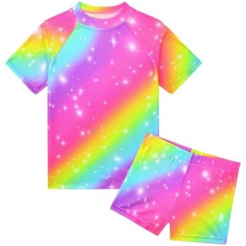 Girls Swimsuit Colorful Short Sleeve Bathing Suits UPF 50+ Rash Guard Set Two Piece Summer Swimwear