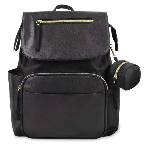 Baby Essentials Black Vegan Leather Multi-Pocket Magnetic Flap and Zipper Closure Fashion Diaper Bag Backpack with Matching 6-Ply Folding Baby Changing Pad, Stroller Straps and Pacifier Pouch in Black, 12 pockets - Walmart.ca