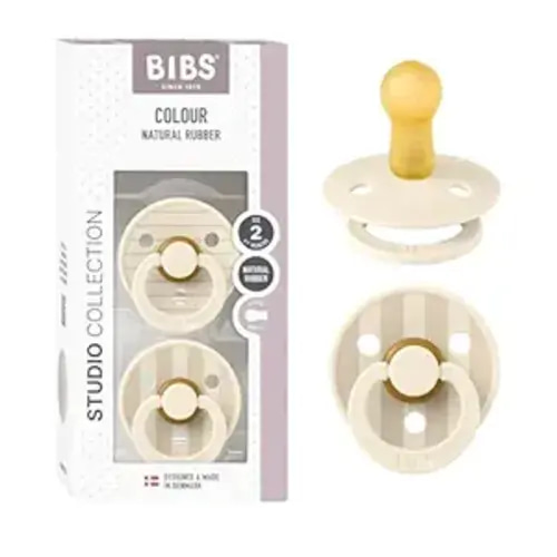 BIBS Pacifiers - Studio 2 Pack | Round Nipple Baby Pacifier | BPA Free Natural Rubber Latex Soother | Made in Denmark | Size 6+ Months | Pin Ivory Vanilla