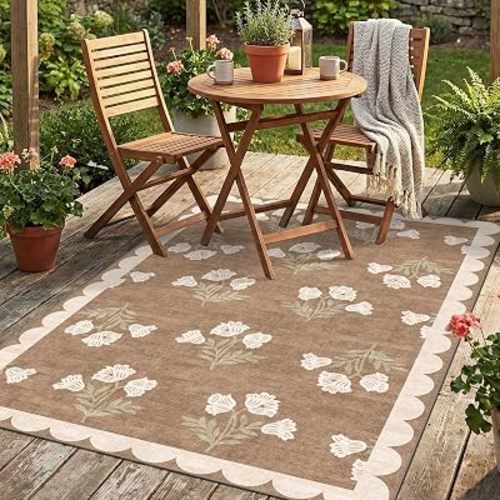 4x6 Covered Outdoor Patio Rug - Washable Front Door Mat Entry Rug Non-Slip Large Doormat Tan Brown Cottage Farmhouse Scalloped Area Rugs for Living Room Entryway Foyer Double Door Porch Decor