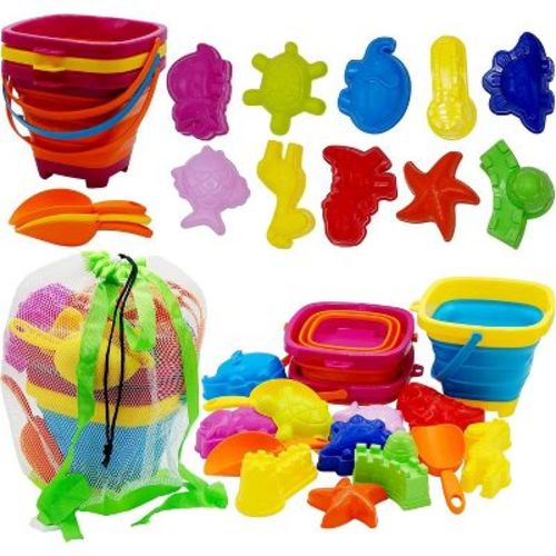 4E's Novelty 17 Pcs Beach Toys Set – Collapsible Beach Toys for Kids, Collapsible sand toys for beach travel, Sand Molds, Durable Buckets & Bag