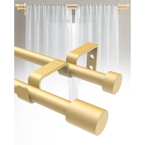 Double Curtain Rods for Windows 30 to 60, 5/8 inch Adjustable Double Curtain Rod, Easy to Install, Suitable for Living Rooms, Bedrooms, Outdoors, Gold