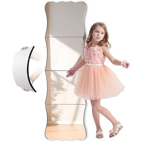 Wavy Full Length Shatterproof Acrylic Wall Mirror Tiles 47" x 14"(4 Pcs 12"x14"), Non-Glass Safety Body Mirror for Baby Kids Playroom, Frameless Dorm Door Gym
