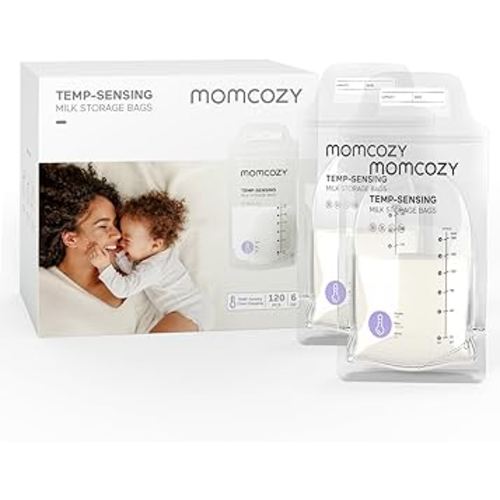 Momcozy Breastmilk Storage Bags, Temp-Sensing Discoloration Milk Storing Bags for Breastfeeding, Disposable Milk Storage Bag with 6 Ounce Self Standing, No-Leak Milk Freezer Storage Pouches, 120PCS