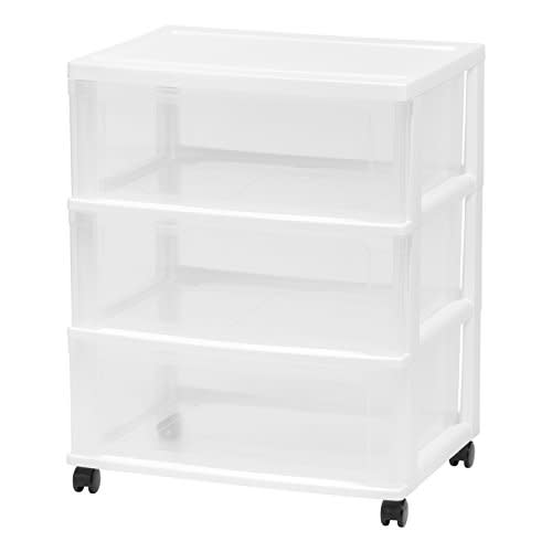 IRIS USA Plastic Drawer Storage Organizer Rolling Cart, with Wheels Casters, 3-Drawers, for Art Craft Supplies Bathroom Dorm Bedroom Laundry Room, Wide, White