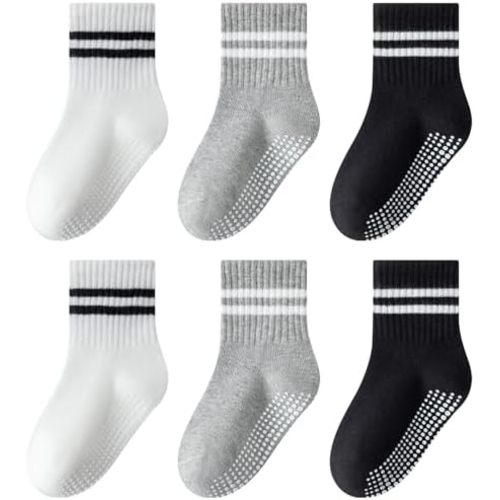 Toddler Non-Slip Socks,Unisex Baby Grip Crew Seamless Cotton Socks with Retro Stripe for Boys Girls Kids 6 Pairs