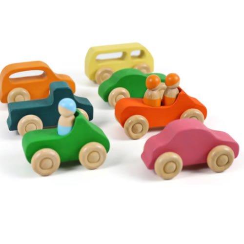 7 Pcs Colored Wooden Rainbow Cars Set With 3 Pcs Peg Dolls
