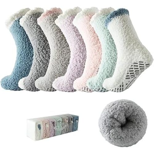 Bulinlulu Fuzzy Socks with Grips Plush Sleep Cozy Winter Soft Hospital Fluffy Socks for Womens Mens Valentine's Day Gifts