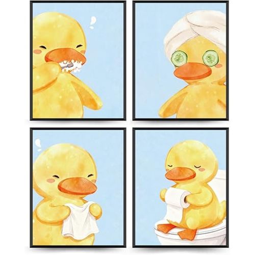 Wheatwin Kids Bathroom Decor Set, Duck Animal Bathroom Wall Decorations for Kids Toddler Boys Girls Toilet Washroom, 8x10 Unframed 4Pcs - Blue