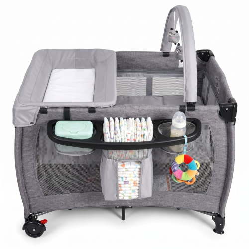 SACVON Baby Playard with Detachable Infant Bassinet and Changing Table, Foldable Travel Play Yard with Storage Basket and Wheels, Gray
