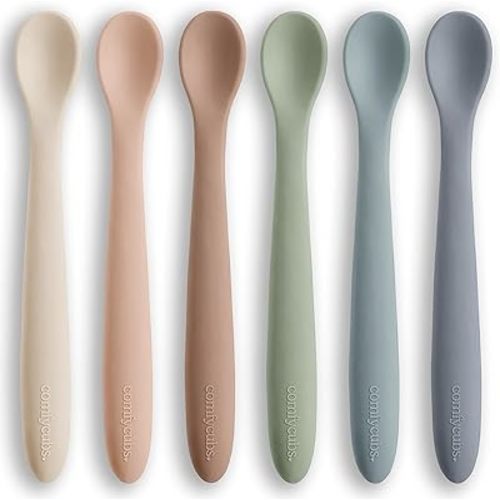 Comfy Cubs Silicone Baby Spoons Set 6-Pack, Sand 6.46 x 0.95 in – BPA Free, Soft Gum-Safe Toddler Eating Essentials – Lightweight & Flexible Baby Spoons, Dishwasher Safe, Fun Utensils for Babies