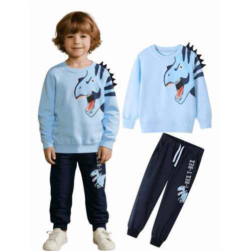 HILEELANG Toddler Boy(2-7Y) Pants Set Light Blue Dinosaur Sweatshirt Joggers Sweatsuit Winter Playwear Outfits Clothing Sets 2pc 3T