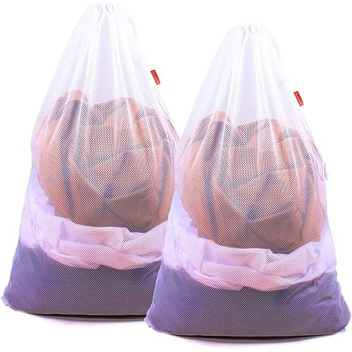 2 Pack Mesh Laundry Bags, 24 x 36 Inches Heavy Duty Drawstring Bag, Factories, College, Dorm, Travel and Apartment Dwellers, White
