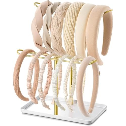 Headband Holder Organizer for Hair Accessories: Headband Storage Vanity Hair Clip Organizer, Two-Tier Stand with Storage Tray for Girls Women, Jewelry Necklace Rack for Vanity, Bathroom, Gold