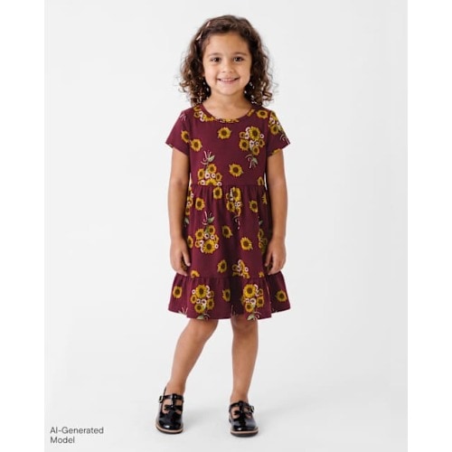 Baby And Toddler Girls Sunflower Ruffle Dress - Burgundy