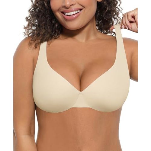 FeelinGirl Bras for Women Unlined No Padding Comfort Underwire Plus Size Full Coverage Seamless Plunge Everyday Bras