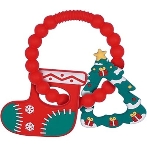 Silicone Baby Ring Toy with Christmas Stocking and Tree Teethers,Must Haves Teething Relief Chew Toys for 0-6,6-12 Months Boys and Girls,Newborns Essentials,Safe and Soft,BPA Free.