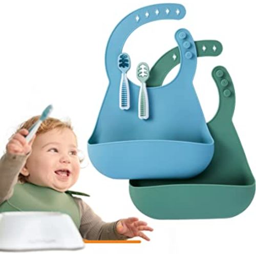 numnum Pre-Spoon GOOtensils + Silicone Bibs - Babies & Toddlers Ki | Self Feeding Baby Spoon Set (Stage 1 + Stage 2) | Waterproof, Soft, Adjustable, 100% Food Grade Bib - (Blue/Glacier Green)