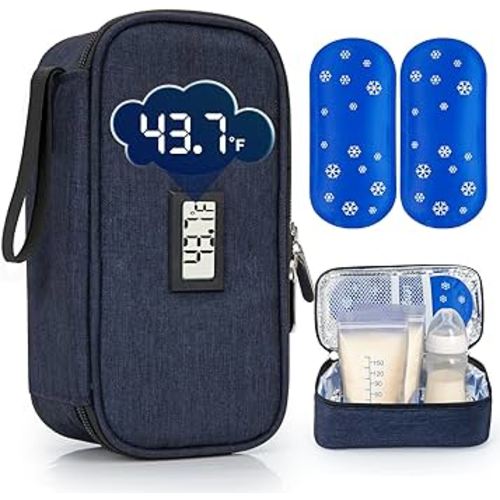 SUNMON Breast Milk Cooler Bag with Real-Time Temperature Display, Portable Travel Breastmilk Storage Case, Includes 2 Reusable Ice Packs, for Pumping Moms on The Go (Navy Blue)