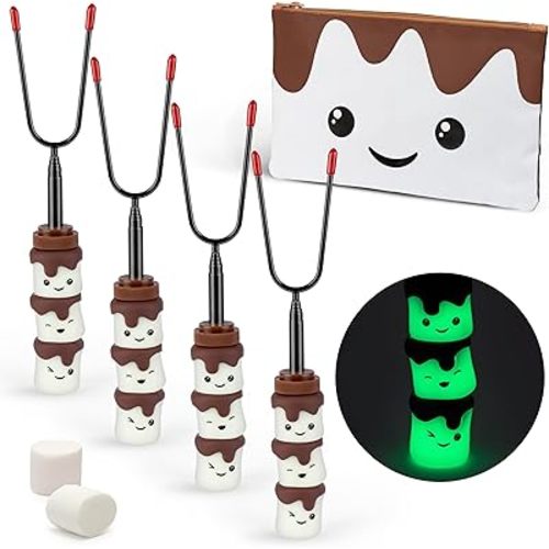 THE S'MORES COMPANY - Glow in the Dark Marshmallow Roasting Sticks - Set of 4 Rotating Smores Sticks - Telescoping Extra Long Marshmallow Sticks for Fire Pit, Campfire & Bonfire - Camping Accessories