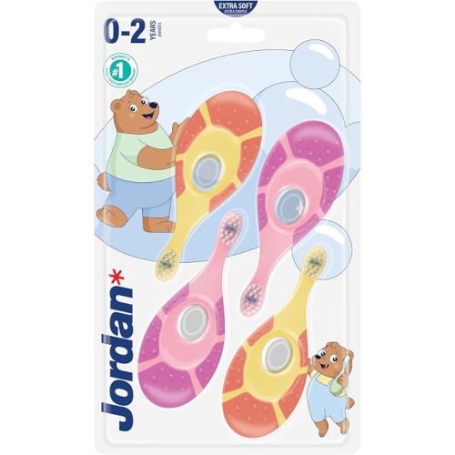 Jordan* ® | Step 1 Baby Toothbrush | 0-2 Years, Soft Bristles, BPA Free | Pink & Purple | 4 Pack | Manual