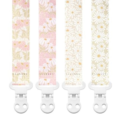 Stadela Baby Fabric Pacifier Clip Holder, Plastic Clip, 4‑Pack, Flowers Pattern, Poloma Set