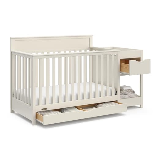 Graco Shiloh 5-in-1 Convertible Crib & Changer with Drawer (Frosted Oat) – GREENGUARD Gold Certified Baby Crib Crafted from Wood, Converts to Toddler Bed, Daybed, and Full-Size Bed