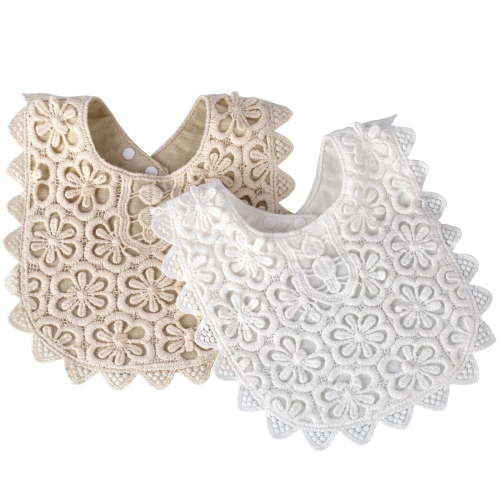 EIMELI 2 Pack Baby Drool Bibs,100% Organic Cotton Drooling and Teething Bandana Bibs Lace Fake Collar Bib Set for Toddler Girls (White+Beige), Medium