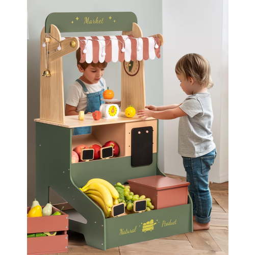 Robud Wooden Grocery Store Playset, Kids Play Store, Realistic Pretend Play Set with Lights, Chalkboard, Gift for Boys Girls 3+