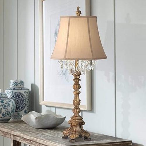 Barnes and Ivy Duval French Country Cottage Table Lamp 33" Tall Crystal Aged Gold Candlestick Beige Bell Shade Decor for Living Room Bedroom House Bedside Nightstand Home Entryway Dining