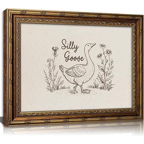 Vintage Gold Framed Silly Goose Wall Art, Funny Goose Wildflower Canvas Print, Rustic Country Animal Picture Wall Decor, Cottagecore Nursery Artwork for Living Room Bedroom