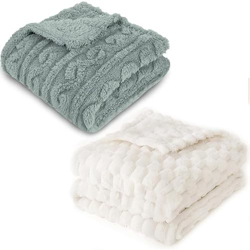 HOMRITAR 3D Fleece Fluffy Fuzzy Blanket for Baby + 3D Imitation Turtle Shell Jacquard Bed Blankets Celadon and Cream 30 x 40 Inch