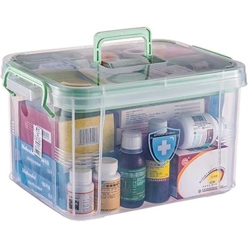 Clear Medicine Organizer Storage Box with Tray and Handle, First Aid Box Plastic Portable Thickened Medicine Container Chest Medical Case Medicine Caddy with Lids Handles