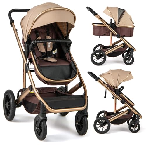 INFANS 2 in 1 Baby Stroller, Folding Newborn Pram Convertible Stroller Bassinet for Infant Foldable High Landscape Shock Absorption with Reversible Seat Aluminum Structure for Pushchair (Khaki)