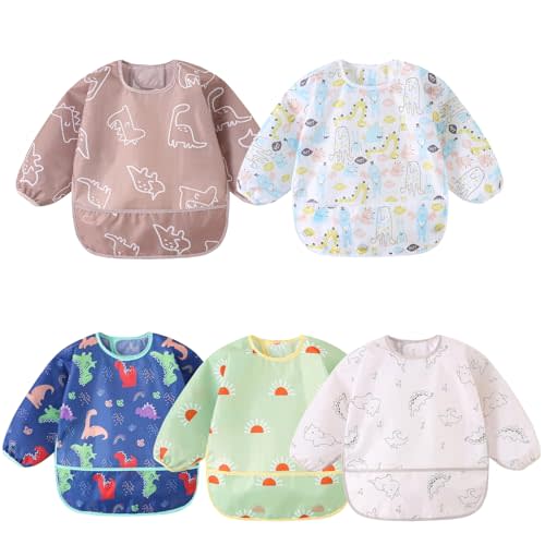 Hafftnun Long Sleeved Bibs,5 PCS Waterproof Wearable Bibs with Sleeves,Baby Feeding Smock 6-30 Months