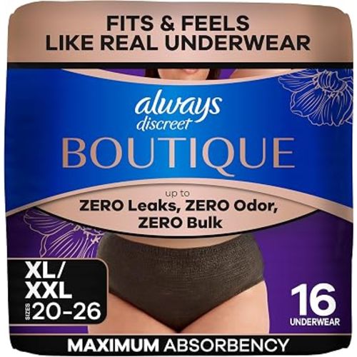 Always Discreet Boutique Incontinence and Postpartum Underwear for Women, Maximum Protection, XL, Black, 16 Count