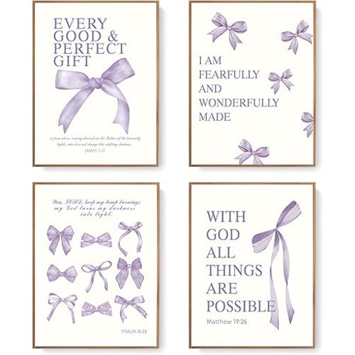 LARTSFRO Coquette Purple Bow Wall Art Decor Posters, Purple Bow Room Bedroom Bathroom Dorm Wall Art Decor Aesthetic for Teen Girls Gifts, Inspirational Bible Verses Bow Wall Decor, 10x8 Inch Set of 4 Pcs Bow Pictures (UNFRAMED)