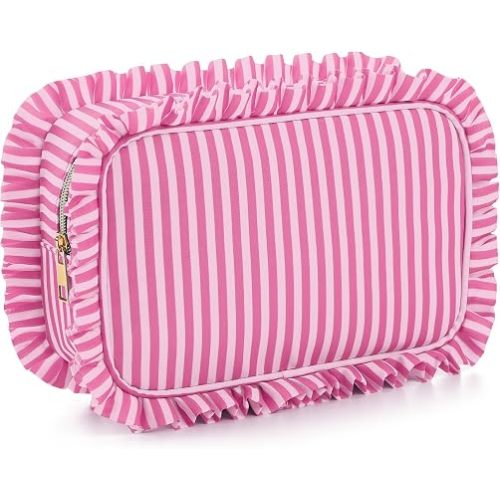 Kigeli Ruffle Makeup Bag Preppy Makeup Pouch Large Travel Cosmetic Bag Nylon Waterproof Toiletry Make up Organizer for Women(Striped,Dusty Pink,8.6 Inch)