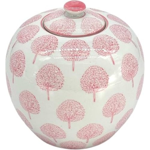 Galt International 8" Pink and White Dandelion Floral Chinoiserie Jar w/Lid- Ginger Jar, Tea Storage, Decorative, Home Decor Vase