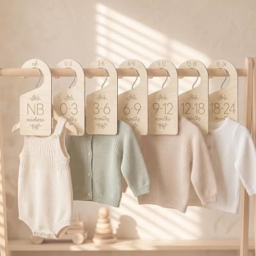 7 Pcs Wooden Baby Closet Dividers, Double-Sided Baby Clothes Size Hanger Organizer from Newborn to 24 Months, Nursery Closet Dividers for Girls and Boys Room Nursery Decor